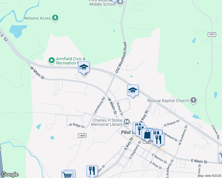 map of restaurants, bars, coffee shops, grocery stores, and more near 200 Old Westfield Road in Pilot Mountain