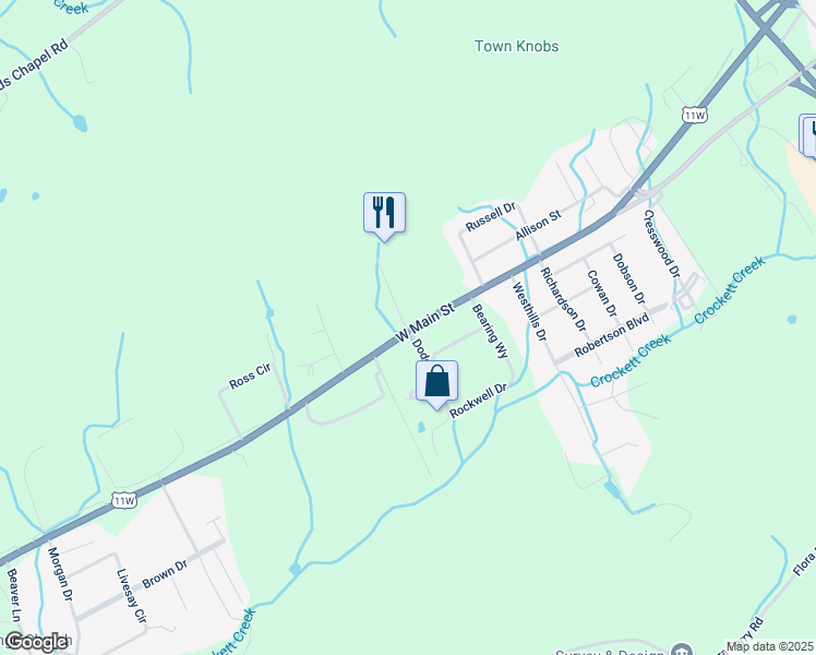 map of restaurants, bars, coffee shops, grocery stores, and more near 203 Farside Drive in Rogersville