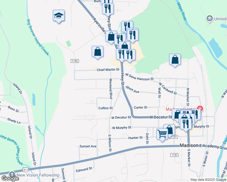 map of restaurants, bars, coffee shops, grocery stores, and more near 340 Nichols Street in Mayodan