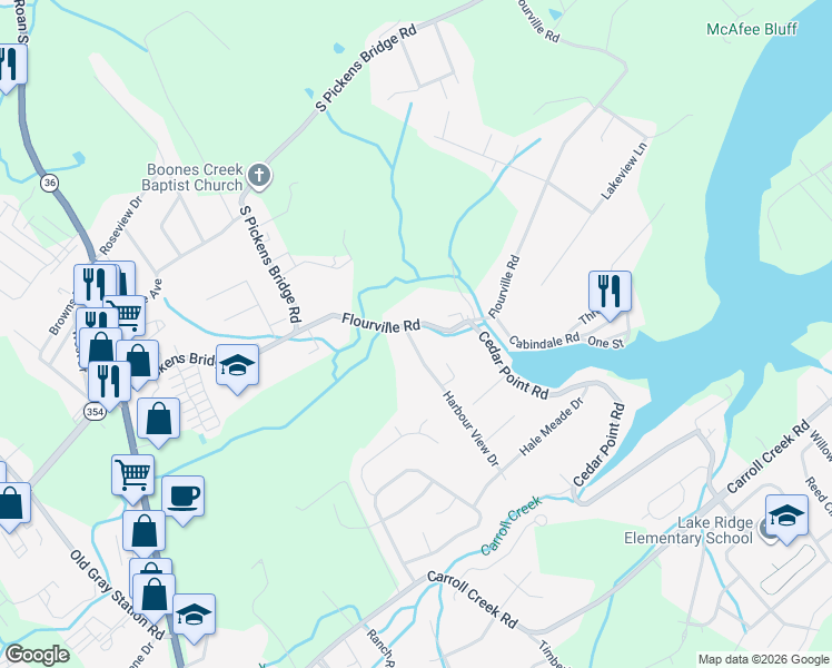 map of restaurants, bars, coffee shops, grocery stores, and more near 188 Flourville Road in Johnson City