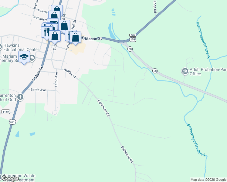 map of restaurants, bars, coffee shops, grocery stores, and more near 101 West Spring Valley Street in Warrenton