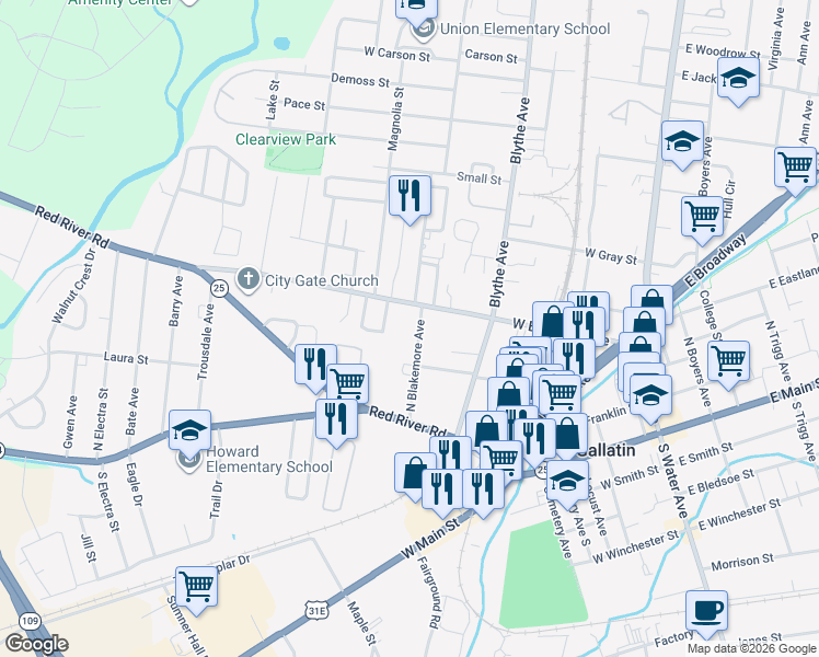 map of restaurants, bars, coffee shops, grocery stores, and more near 235 North Blakemore Avenue in Gallatin