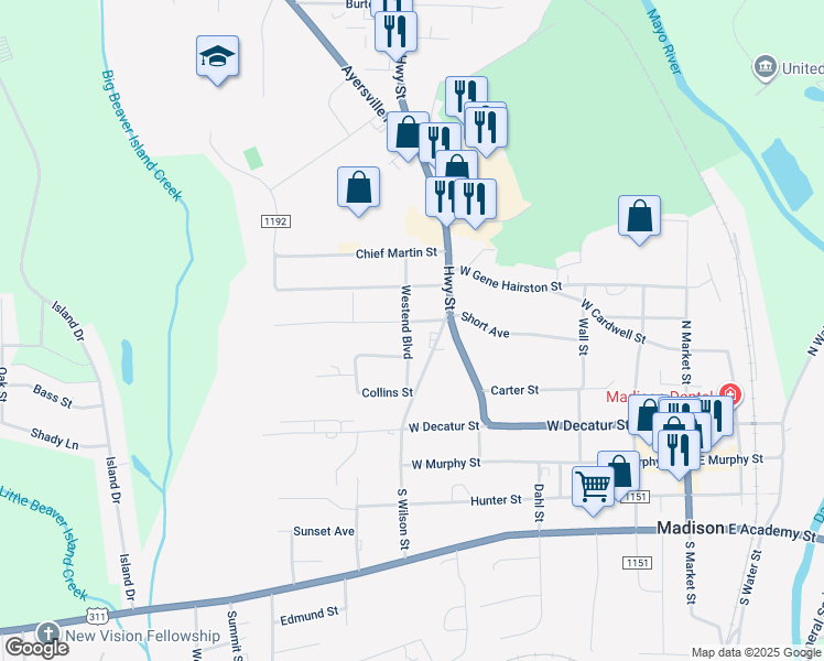 map of restaurants, bars, coffee shops, grocery stores, and more near 340 Nichols Street in Mayodan