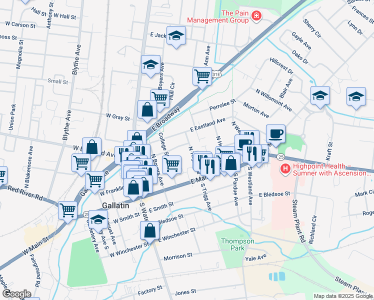 map of restaurants, bars, coffee shops, grocery stores, and more near 200 North Trigg Avenue in Gallatin