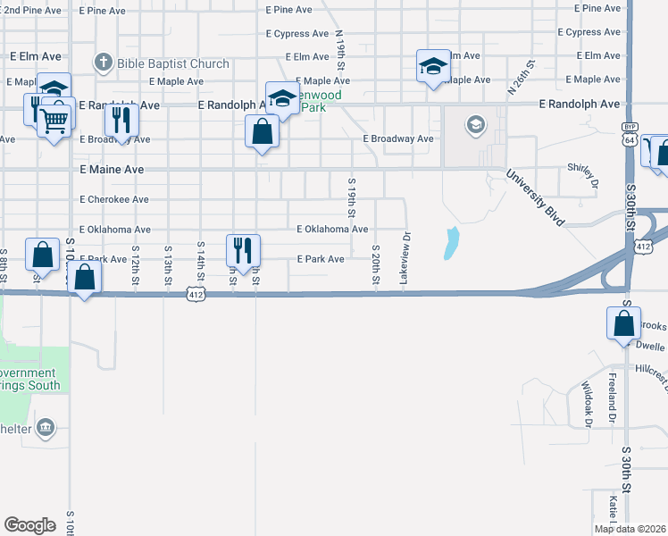 map of restaurants, bars, coffee shops, grocery stores, and more near 1809 East Park Street in Enid
