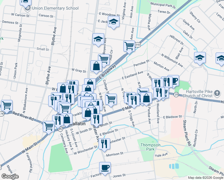 map of restaurants, bars, coffee shops, grocery stores, and more near 265 Brown Place in Gallatin