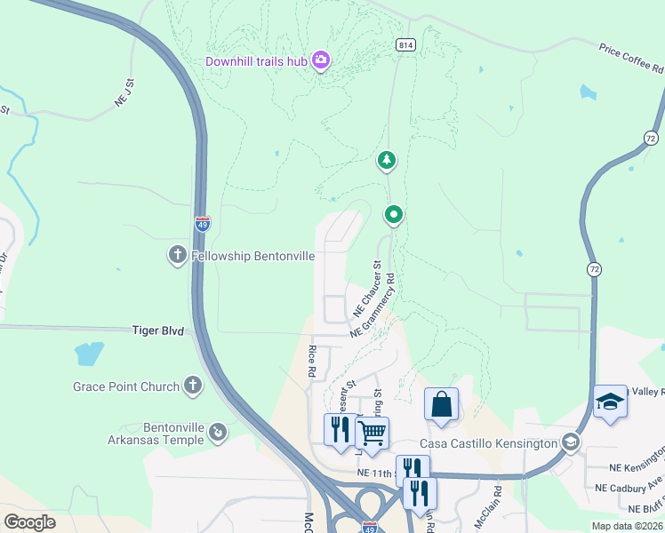 map of restaurants, bars, coffee shops, grocery stores, and more near 2001 Northeast Steinbeck Drive in Bentonville