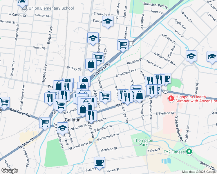 map of restaurants, bars, coffee shops, grocery stores, and more near 265 Brown Place in Gallatin