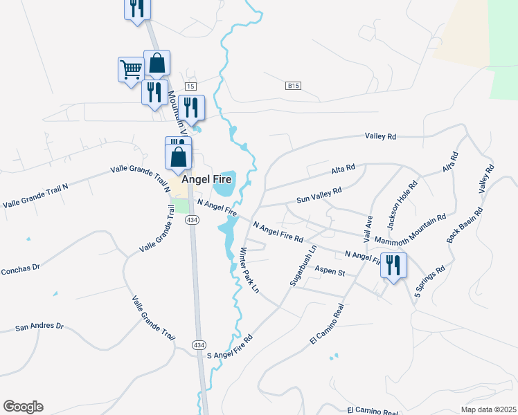 map of restaurants, bars, coffee shops, grocery stores, and more near 12 Valley Rd in Angel Fire