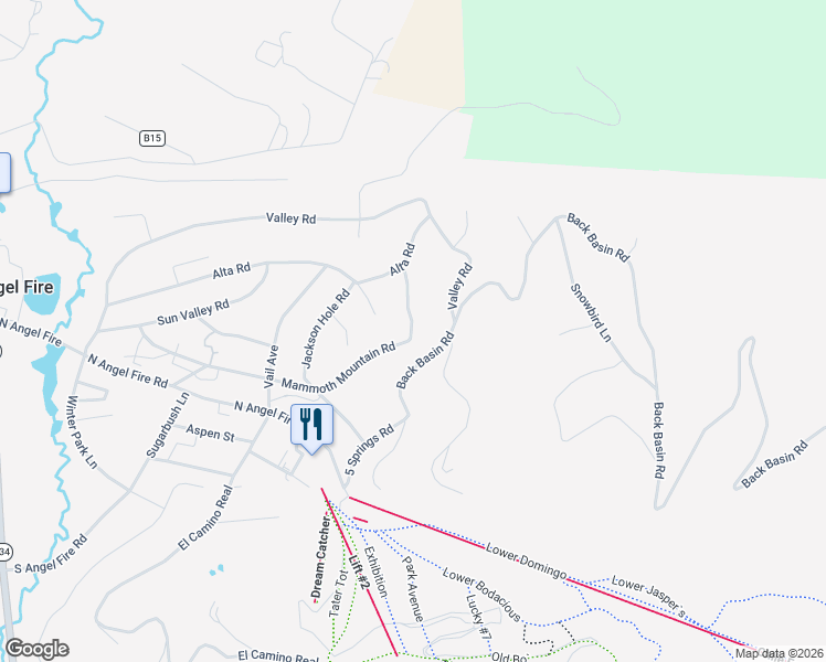 map of restaurants, bars, coffee shops, grocery stores, and more near 15 Boyne Mountain Place in Angel Fire