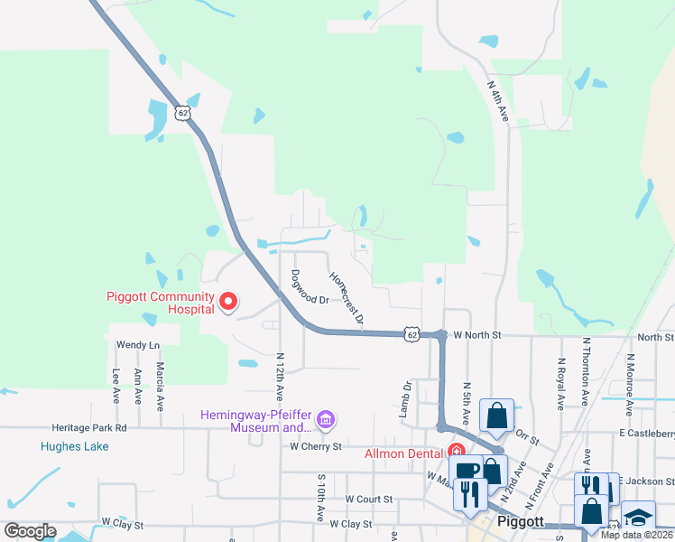 map of restaurants, bars, coffee shops, grocery stores, and more near 1018 Homecrest Drive in Piggott