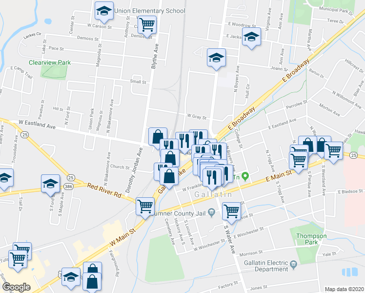 map of restaurants, bars, coffee shops, grocery stores, and more near 242 West Eastland Avenue in Gallatin