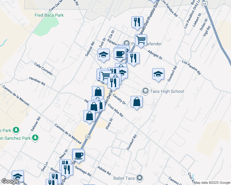 map of restaurants, bars, coffee shops, grocery stores, and more near 100 Amor Lane in Taos