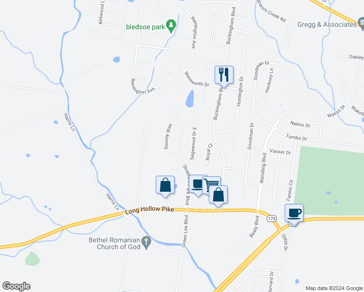 map of restaurants, bars, coffee shops, grocery stores, and more near 323 Stratford Park Boulevard in Gallatin
