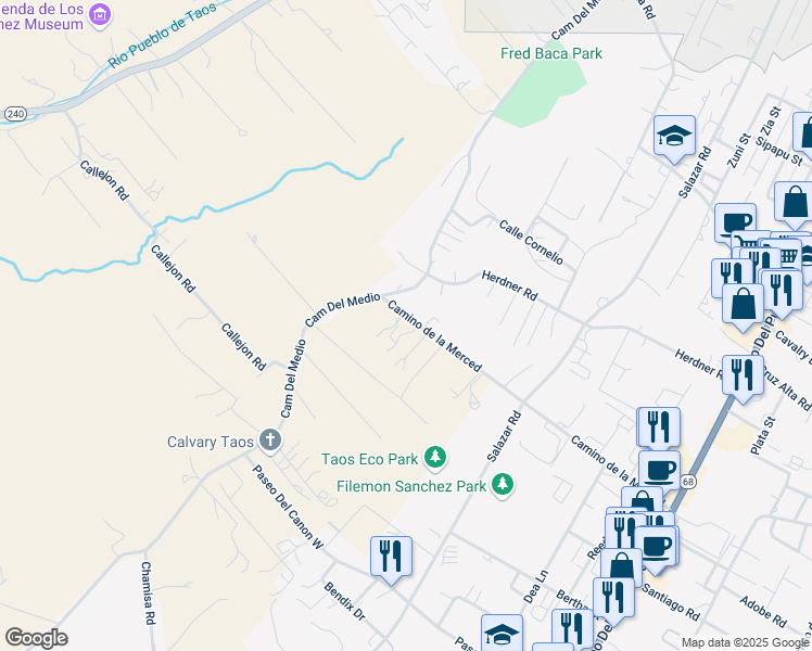 map of restaurants, bars, coffee shops, grocery stores, and more near 320-328 Camino de la Merced in Taos