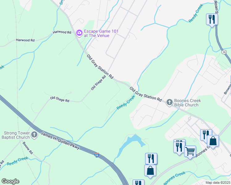 map of restaurants, bars, coffee shops, grocery stores, and more near 1362 Old Gray Station Road in Johnson City