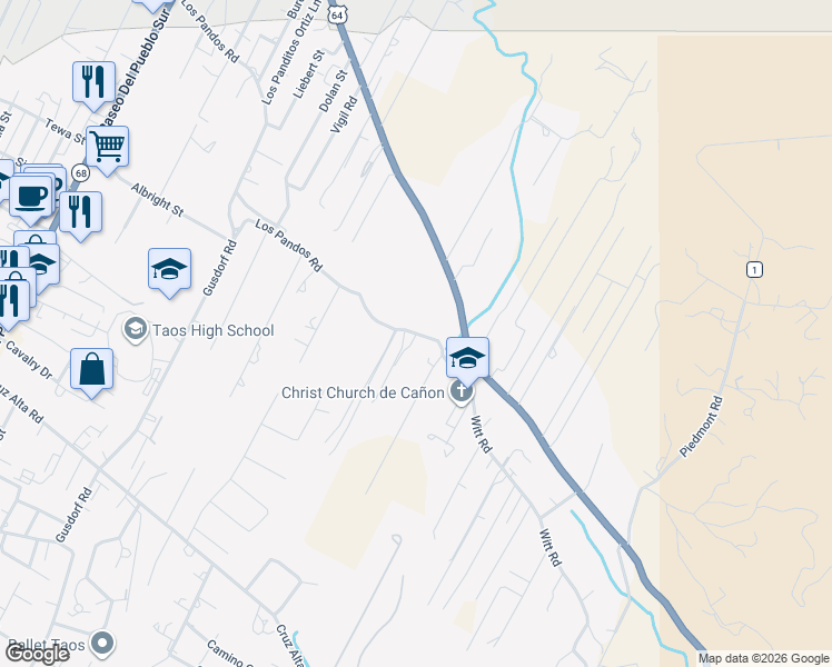 map of restaurants, bars, coffee shops, grocery stores, and more near 601 Calle De Cosme in Taos