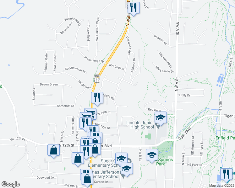 map of restaurants, bars, coffee shops, grocery stores, and more near 1608 Oakwood Avenue in Bentonville