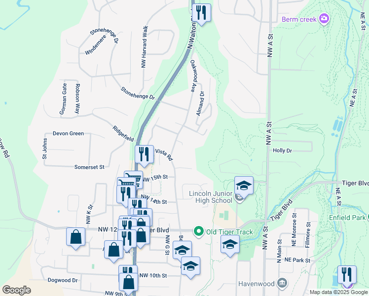 map of restaurants, bars, coffee shops, grocery stores, and more near 603 Northwest 17th Court in Bentonville