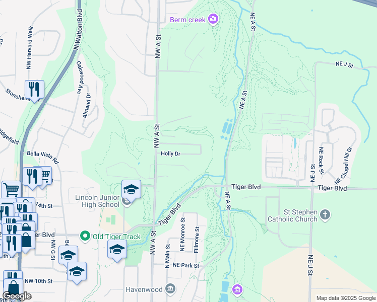 map of restaurants, bars, coffee shops, grocery stores, and more near 16 Holly Drive in Bentonville