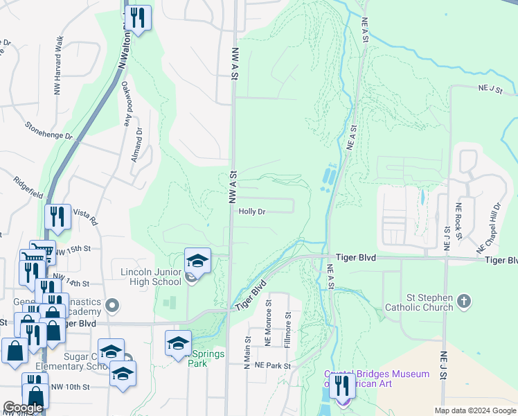 map of restaurants, bars, coffee shops, grocery stores, and more near 16 Holly Drive in Bentonville
