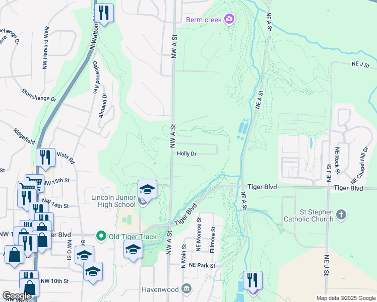 map of restaurants, bars, coffee shops, grocery stores, and more near 16 Holly Drive in Bentonville