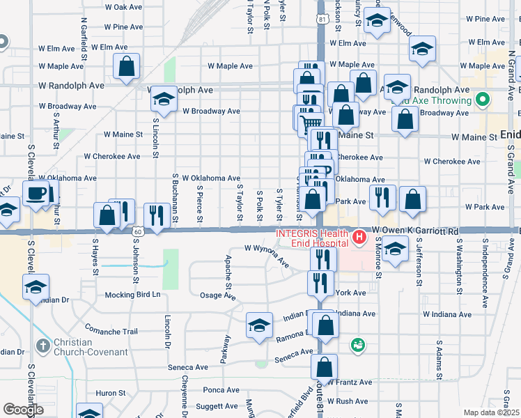 map of restaurants, bars, coffee shops, grocery stores, and more near 509 South Taylor Street in Enid