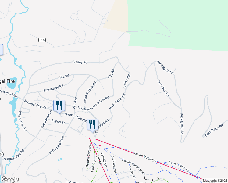 map of restaurants, bars, coffee shops, grocery stores, and more near 15 Boyne Mountain Place in Angel Fire