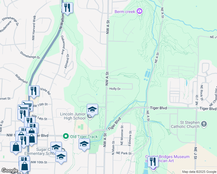 map of restaurants, bars, coffee shops, grocery stores, and more near 1 Holly Drive in Bentonville