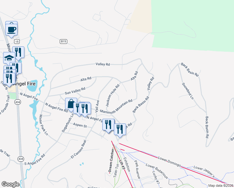 map of restaurants, bars, coffee shops, grocery stores, and more near Stowe Place in Angel Fire