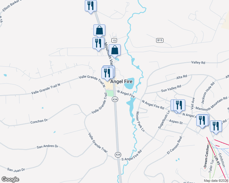 map of restaurants, bars, coffee shops, grocery stores, and more near 3463 New Mexico 434 in Angel Fire