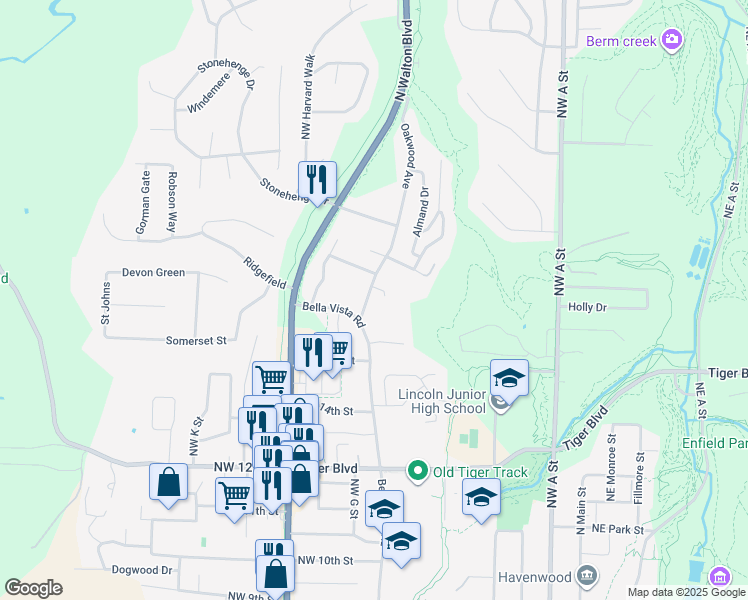 map of restaurants, bars, coffee shops, grocery stores, and more near 1602 Oakwood Avenue in Bentonville
