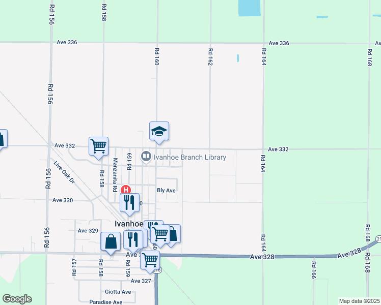 map of restaurants, bars, coffee shops, grocery stores, and more near 16121 Ave 332 in Ivanhoe