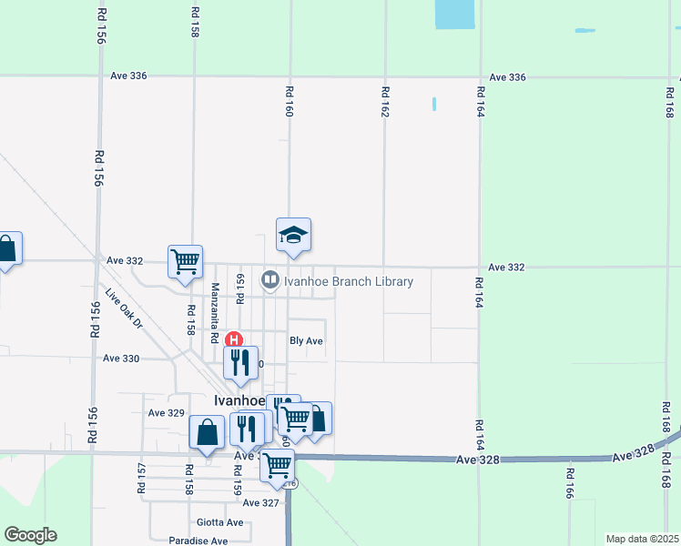 map of restaurants, bars, coffee shops, grocery stores, and more near 16121 Ave 332 in Ivanhoe