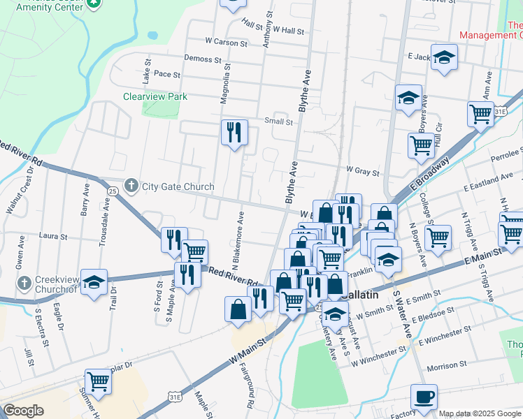 map of restaurants, bars, coffee shops, grocery stores, and more near 405 West Eastland Avenue in Gallatin