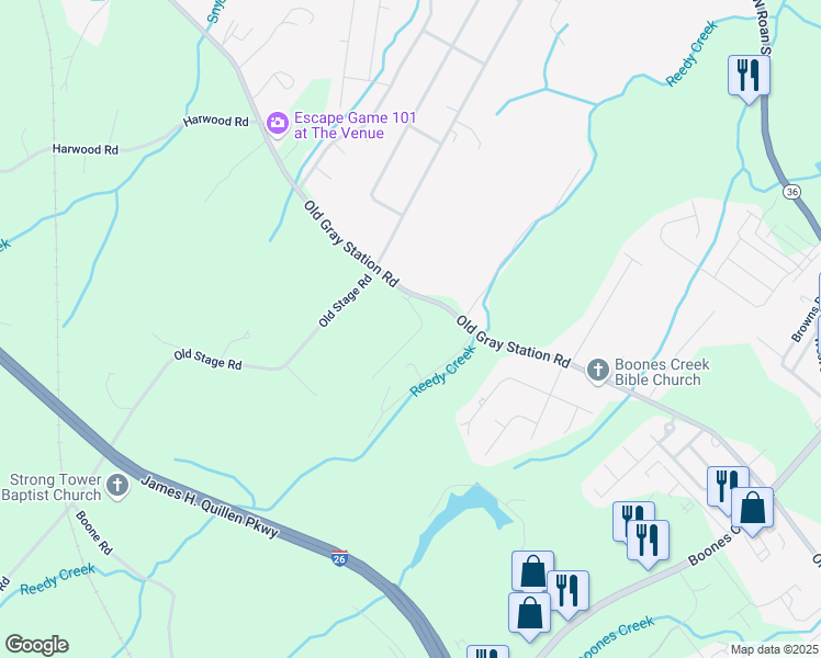 map of restaurants, bars, coffee shops, grocery stores, and more near 570 Grays Pointe Court in Johnson City