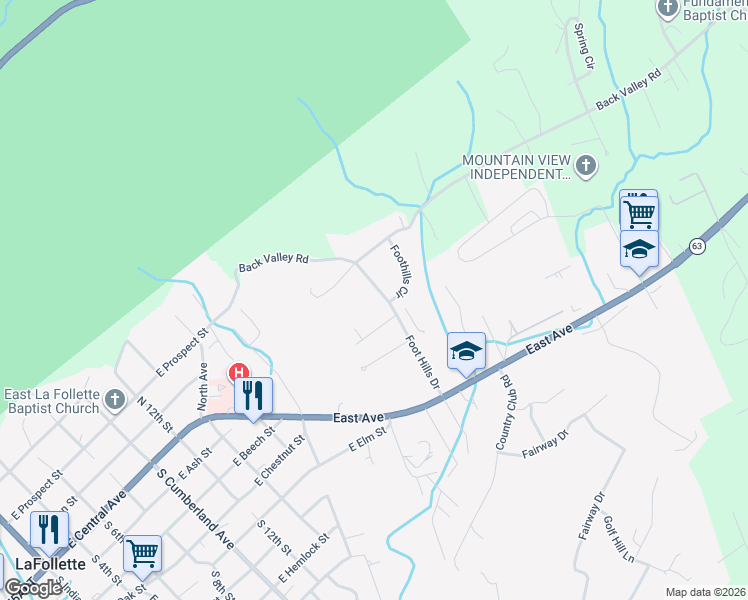 map of restaurants, bars, coffee shops, grocery stores, and more near 108 West Morningside Park in LaFollette