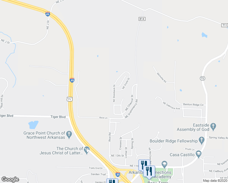 map of restaurants, bars, coffee shops, grocery stores, and more near 2001 Northeast Steinbeck Drive in Bentonville