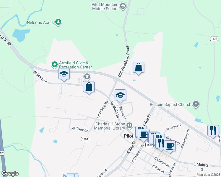map of restaurants, bars, coffee shops, grocery stores, and more near 200 Old Westfield Road in Pilot Mountain