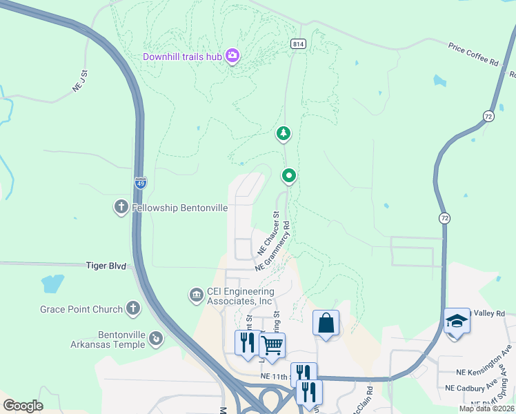 map of restaurants, bars, coffee shops, grocery stores, and more near 1903 Northeast Frost Drive in Bentonville