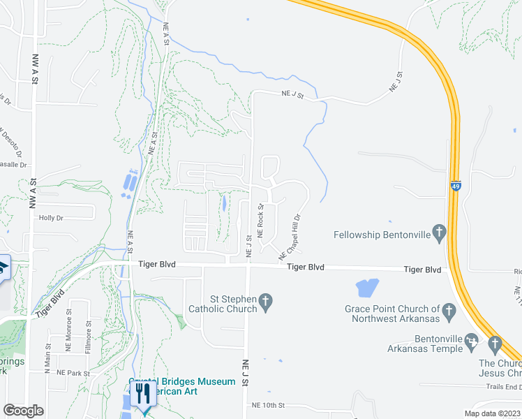 map of restaurants, bars, coffee shops, grocery stores, and more near 1615 Northeast Rock Street in Bentonville