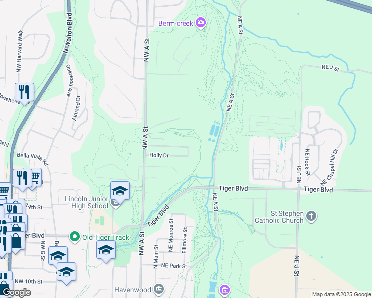 map of restaurants, bars, coffee shops, grocery stores, and more near 33 Holly Drive in Bentonville