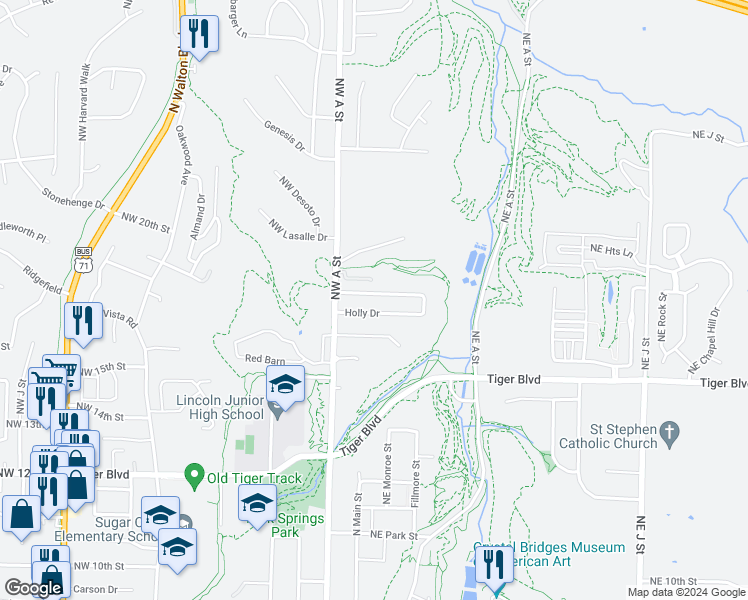 map of restaurants, bars, coffee shops, grocery stores, and more near 52 Holly Drive in Bentonville