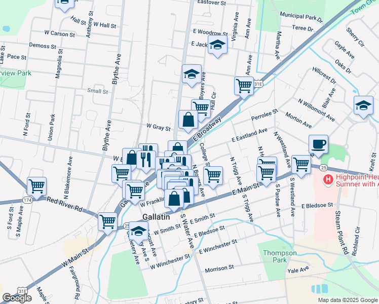map of restaurants, bars, coffee shops, grocery stores, and more near 239 North Boyers Avenue in Gallatin