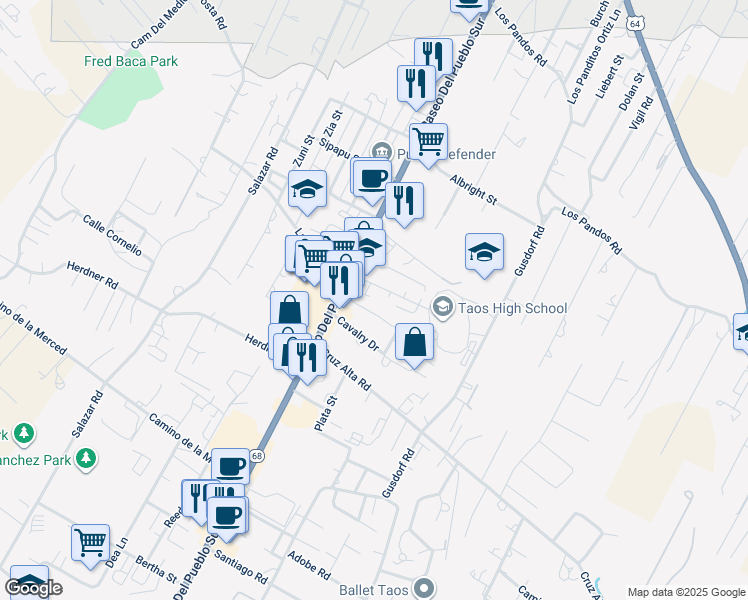 map of restaurants, bars, coffee shops, grocery stores, and more near 100-122 Amor Lane in Taos