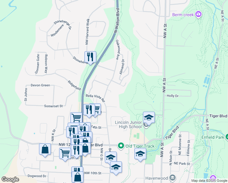 map of restaurants, bars, coffee shops, grocery stores, and more near 603 Northwest 17th Court in Bentonville