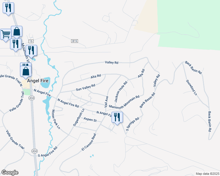 map of restaurants, bars, coffee shops, grocery stores, and more near 27 Vail Avenue in Angel Fire