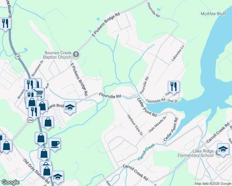 map of restaurants, bars, coffee shops, grocery stores, and more near 188 Flourville Road in Johnson City