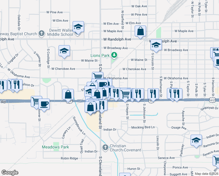 map of restaurants, bars, coffee shops, grocery stores, and more near 413 South Arthur Street in Enid