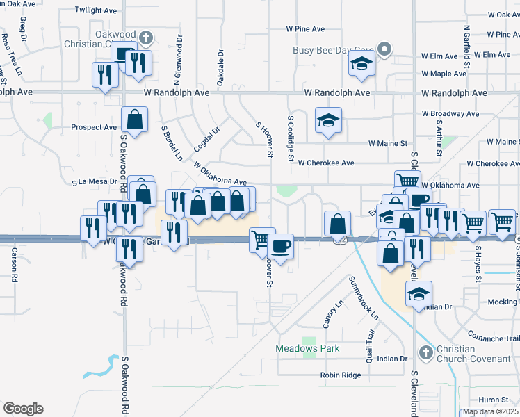 map of restaurants, bars, coffee shops, grocery stores, and more near 406 South Hoover Street in Enid